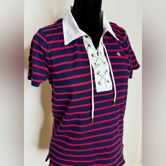 Ralph Lauren preppy nautical stripe lace up collar polo shirt medium EUC - Picture 2 of 8